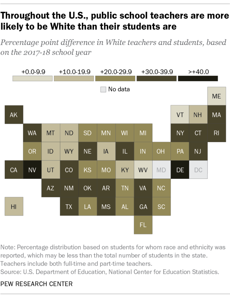 Throughout the U.S., public school teachers are more likely to be White than their students are