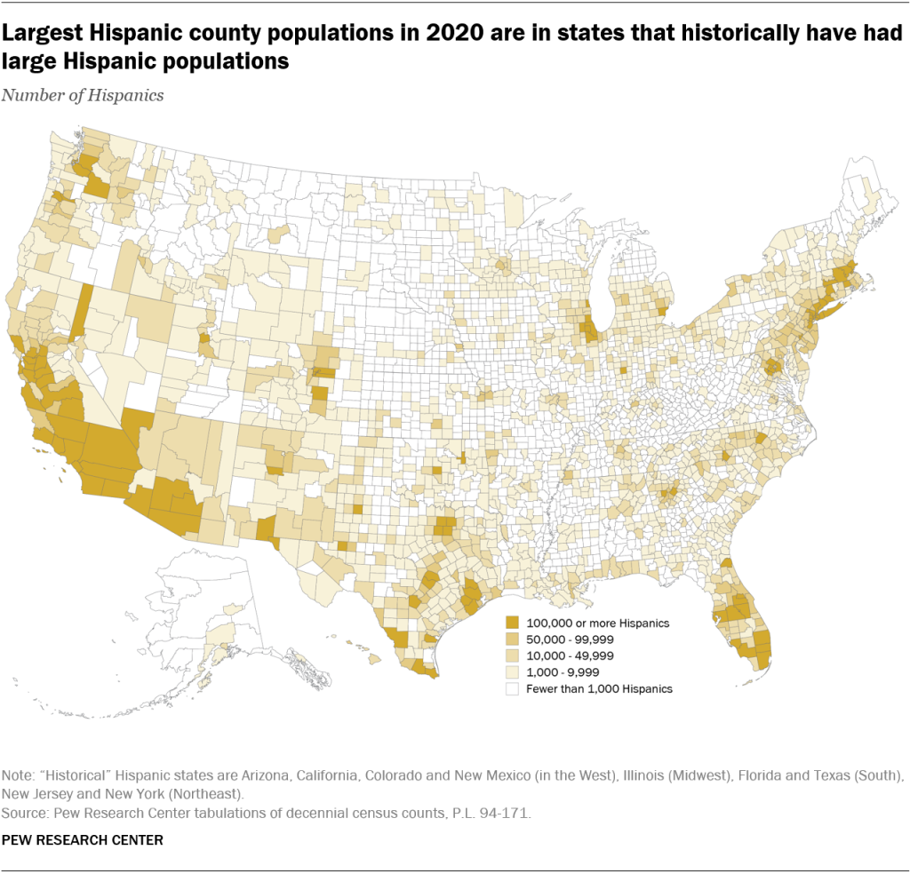 Largest Hispanic county populations in 2020 are in states that historically have had large Hispanic populations
