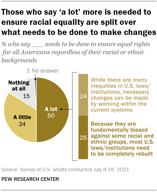Those who say ‘a lot’ more is needed to ensure racial equality are split over what needs to be done to make changes