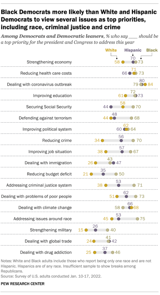 Black Democrats more likely than White and Hispanic Democrats to view several issues as top priorities, including race, criminal justice and crime