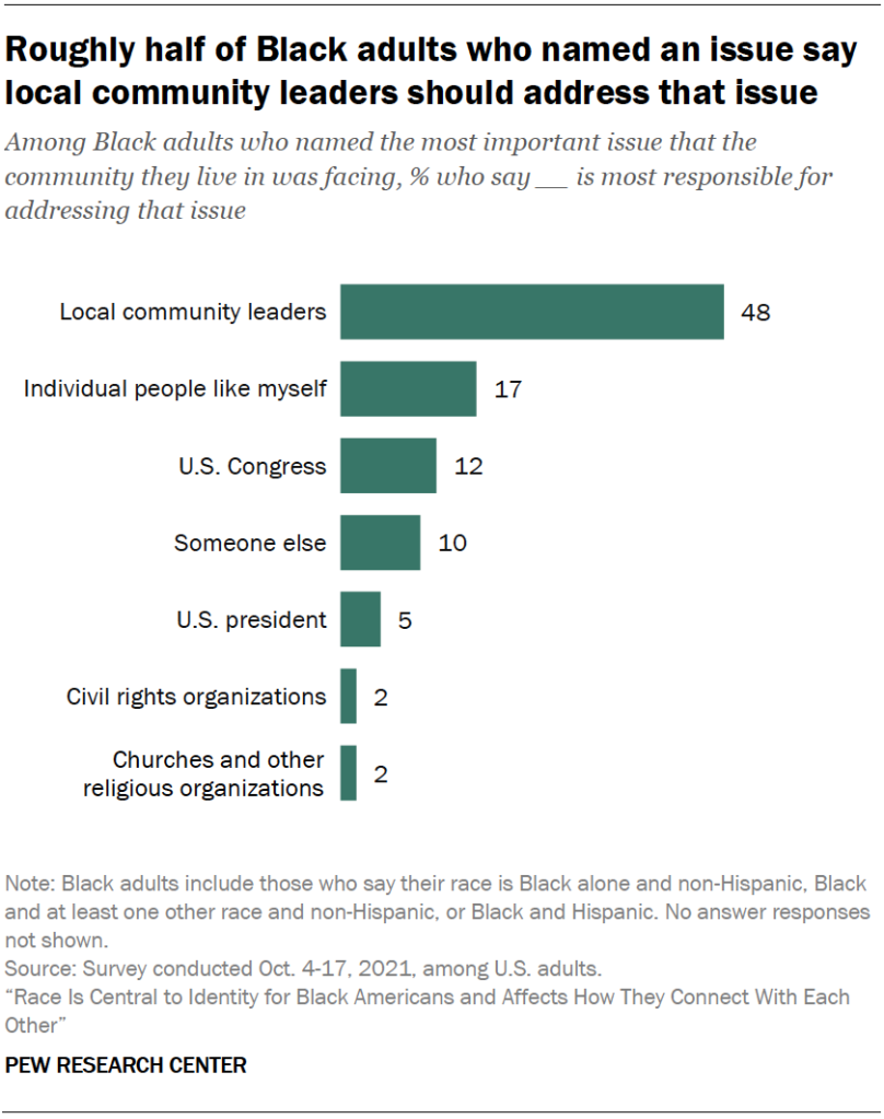 Roughly half of Black adults who named an issue say local community leaders should address that issue