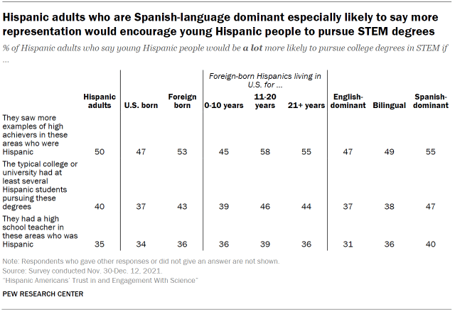 Hispanic adults who are Spanish-language dominant especially likely to say more representation would encourage young Hispanic people to pursue STEM degrees