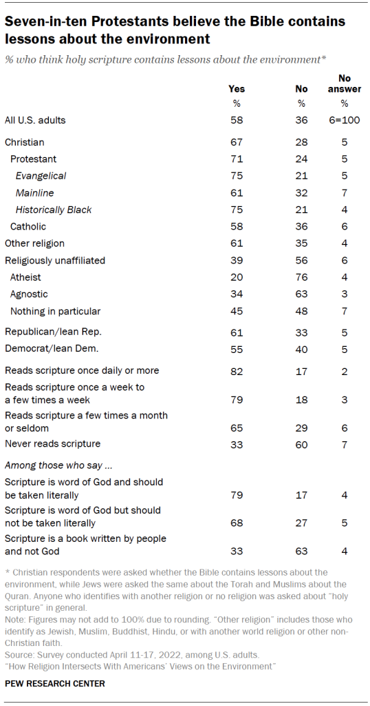 Seven-in-ten Protestants believe the Bible contains lessons about the environment