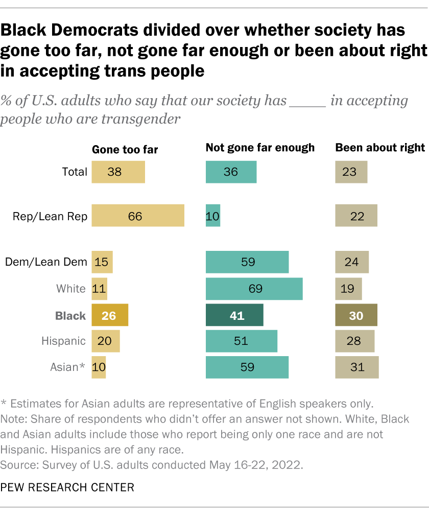 Black Democrats divided over whether society has gone too far, not far enough or been about right in accepting trans people