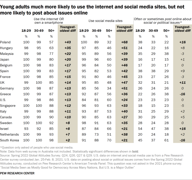Table showing young adults much more likely to use the internet and social media sites, but not more likely to post about issues online