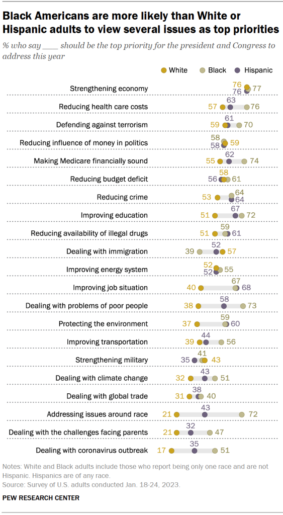 Black Americans are more likely than White or Hispanic adults to view several issues as top priorities