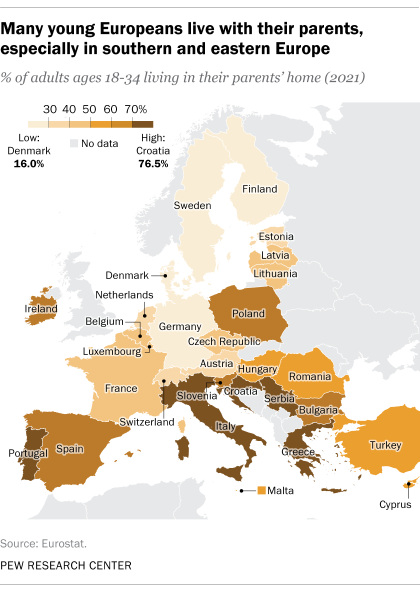 A map that shows many young Europeans live with their parents, especially in southern and eastern Europe. 