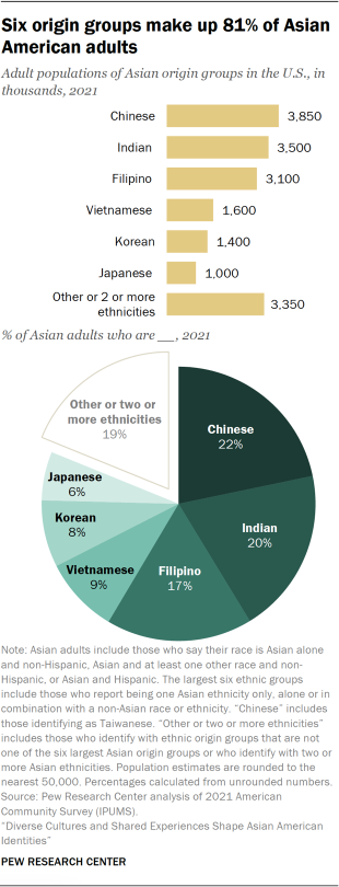 Bar and pie chart showing that six origin groups (Chinese, Indian, Filipino, Vietnamese, Korean and Japanese) make up 81% of Asian American adults
