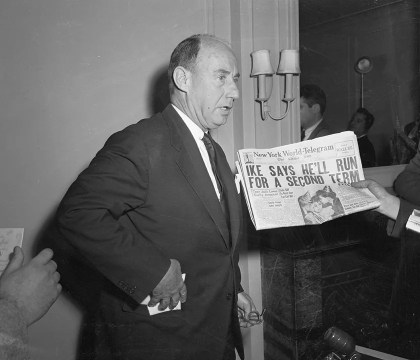 Democratic presidential aspirant Adlai Stevenson gets the news that President Eisenhower is willing to run for a second term, Feb. 29, 1956. (Getty Images)