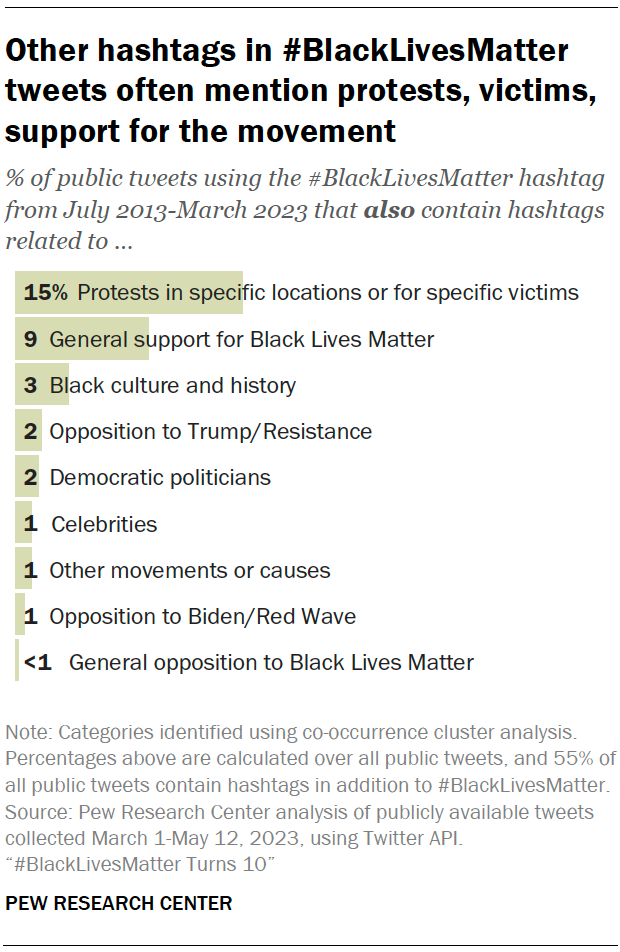 A chart showing that Other hashtags in #BlackLivesMatter tweets often mention protests, victims, support for the movement