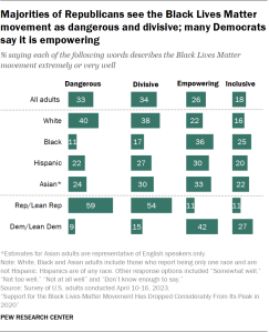 A bar chart that shows majorities of Republicans see the Black Lives Matter movement as dangerous and divisive; many Democrats say it is empowering.