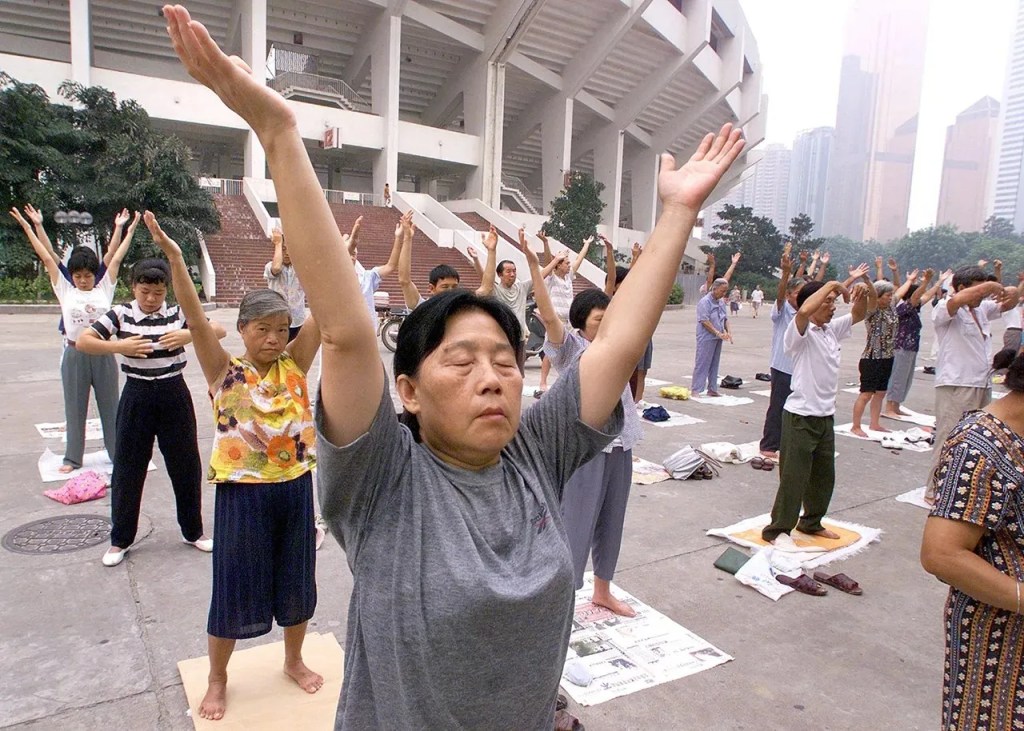 A woman participates in a morning exercise and med