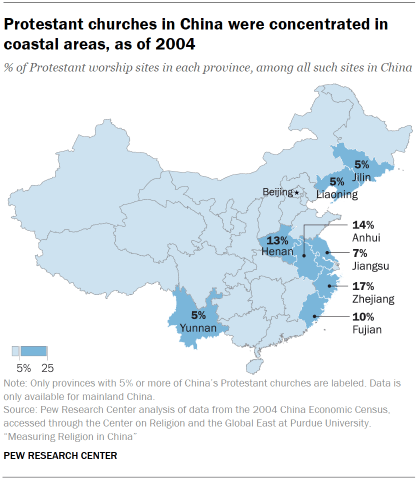 Chart shows Protestant churches in China were concentrated in coastal areas, as of 2004