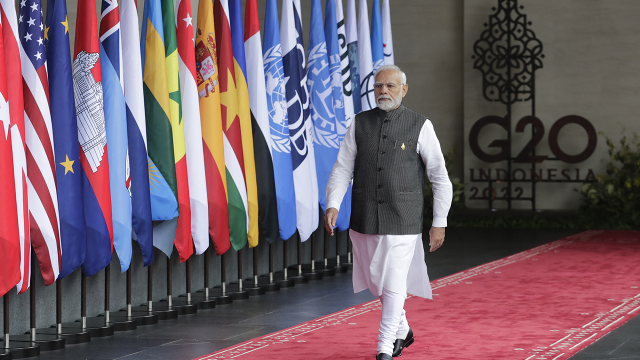 India's Prime Minister Narendra Modi arrives at the G20 leaders' summit in Nusa Dua, Indonesia, in November 2022. (Mast Irham/AFP via Getty Images)