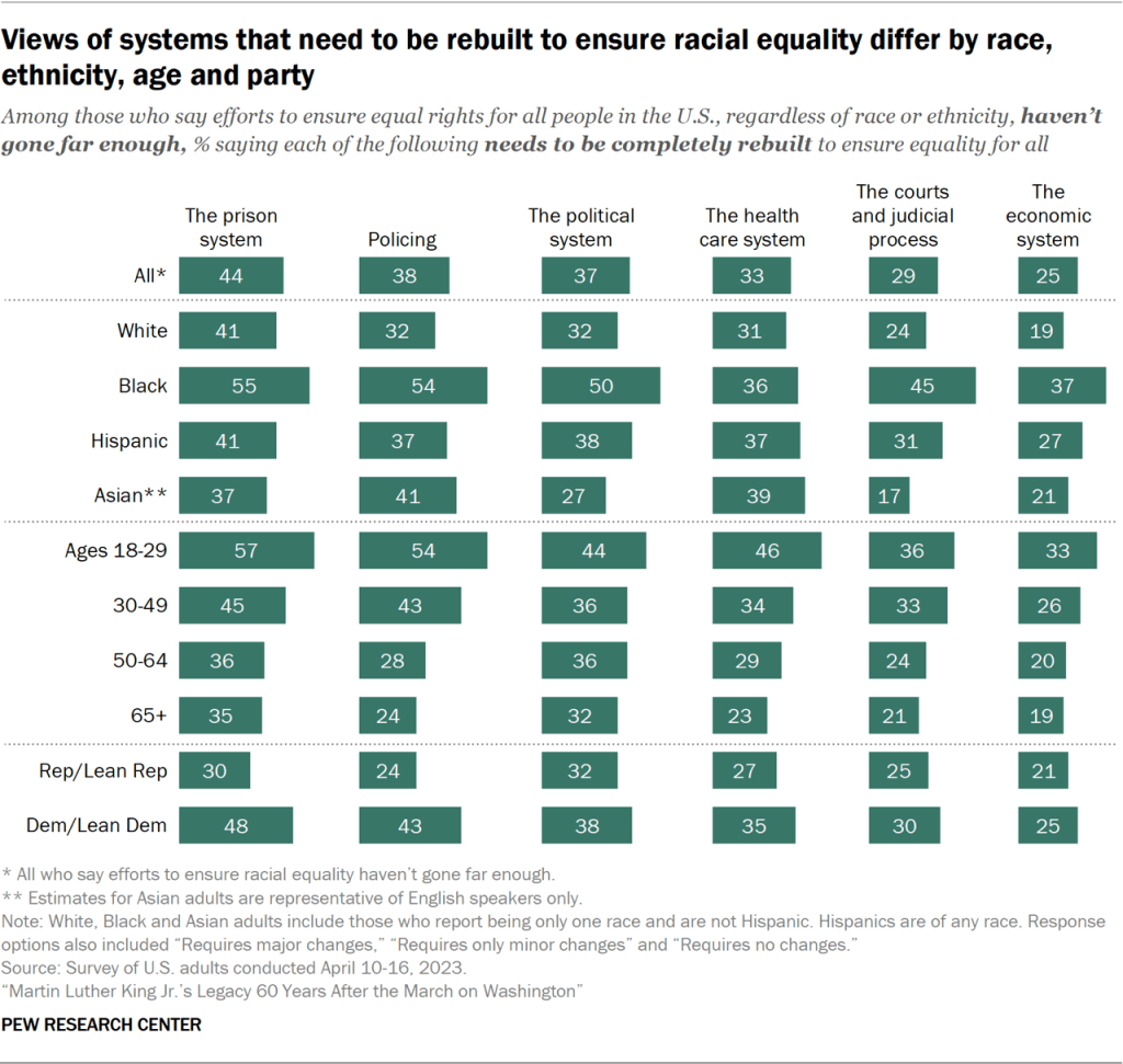 Views of systems that need to be rebuilt to ensure racial equality differ by race, ethnicity, age and party