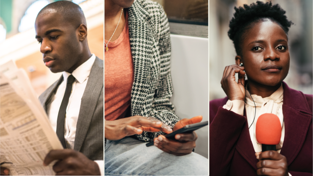 A collage of three Black Americans consuming news