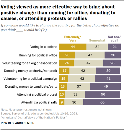 Chart shows Voting viewed as more effective way to bring about positive change than running for office, donating to causes, or attending protests or rallies