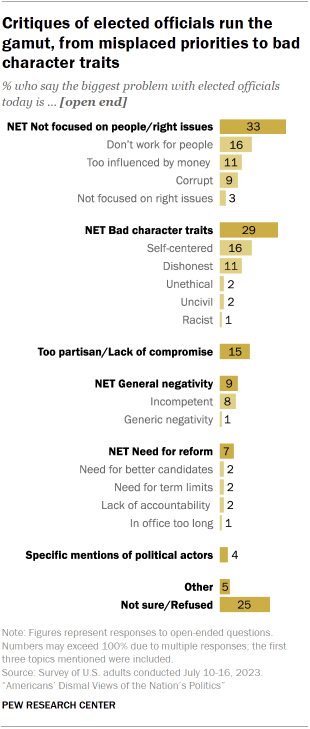 Chart shows critiques of elected officials run the gamut, from misplaced priorities to bad character traits