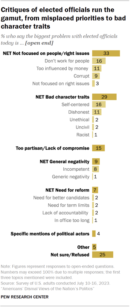 Critiques of elected officials run the gamut, from misplaced priorities to bad character traits