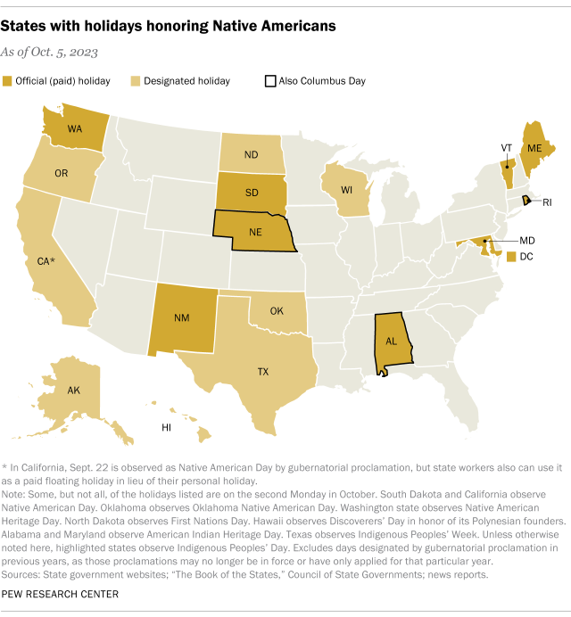 A map showing states with holidays honoring Native Americans.