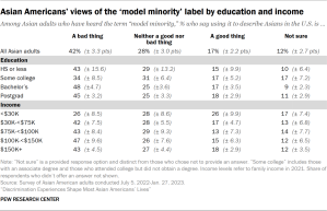 A table showing among Asian adults who have heard of the term "model minority," the shares who say using it to describe Asians in the U.S. is a bad thing, neither a good nor bad thing, a good thing, or not sure, by education and income levels.