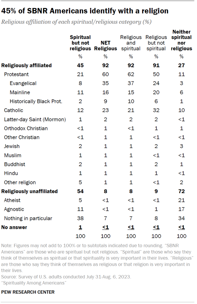 45% of SBNR Americans identify with a religion