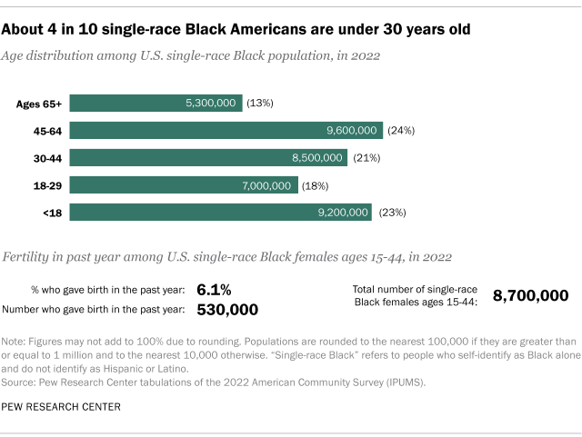 Bar chart showing about 4 in 10 single-race Black Americans are under 30 years old