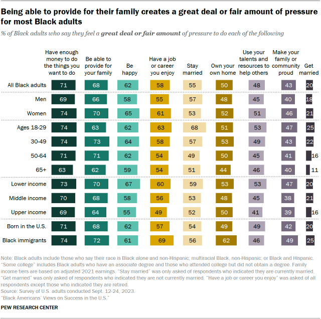A bar chart showing that Being able to provide for their family creates a great deal or fair amount of pressure for most Black adults