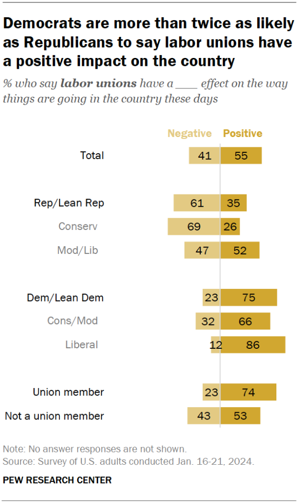 Democrats are more than twice as likely as Republicans to say labor unions have a positive impact on the country