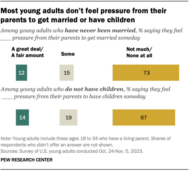 A bar chart showing that most young adults don’t feel pressure from their parents to get married or have children.