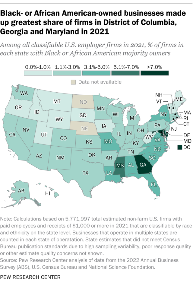 A map showing that Black- or African American-owned businesses made up greatest share of firms in District of Columbia, Georgia and Maryland in 2021.