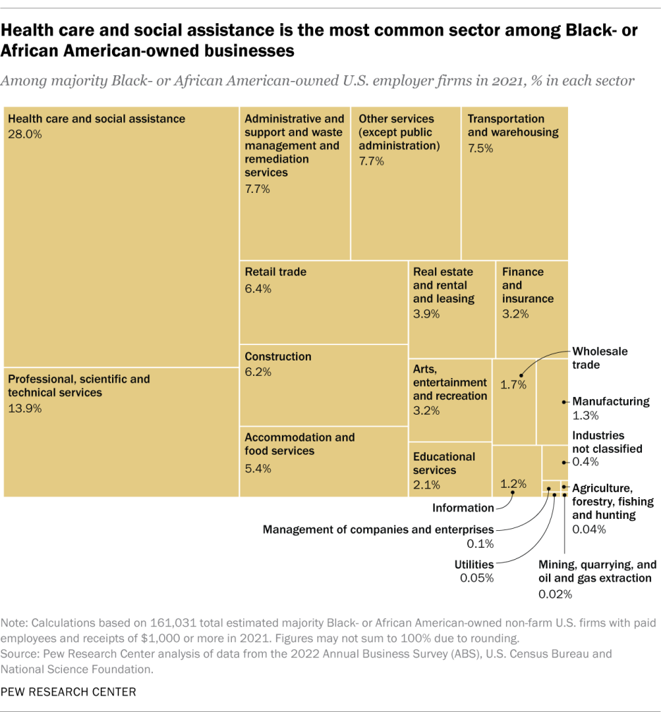 Health care and social assistance is the most common sector among Black-or African American-owned businesses