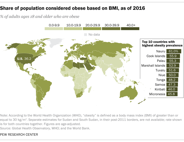 A map showing that the share of population considered obese based on BMI, as of 2016.