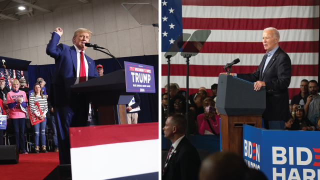 Donald Trump speaks at a rally in Green Bay, Wisconsin, on April 2, 2024. President Joe Biden speaks at a campaign event in Atlanta on March 9, 2024. (Scott Olson and Megan Varner, both via Getty Images)