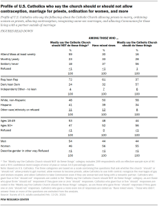 Table showing the profile of U.S. Catholics who say the church should or should not allow contraception, marriage for priests, ordination for women, and more