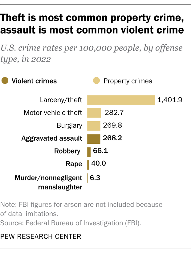 A bar chart showing that theft is most common property crime, and assault is most common violent crime.