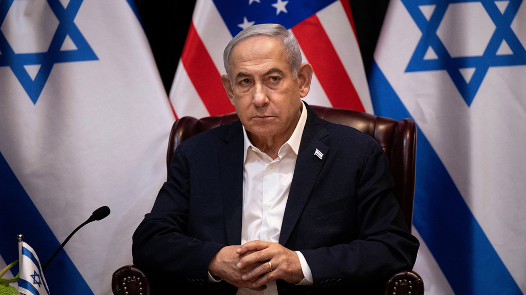 Israeli Prime Minister Benjamin Netanyahu waits for the start of an Israeli war cabinet meeting also attended by U.S. President Joe Biden on Oct. 18, 2023, in Tel Aviv, Israel. (Brendan Smialowski/AFP via Getty Images)