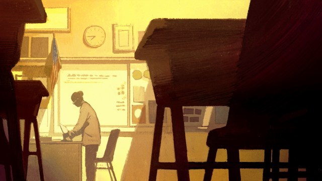 An illustration of a teacher in an empty classroom.