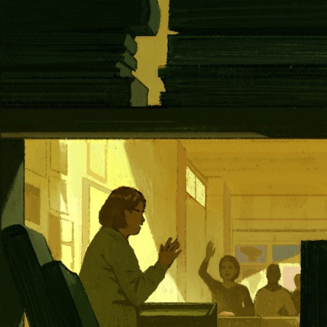 An illustration of a teacher sitting at the front of the classroom calling on a student with their hand raised.