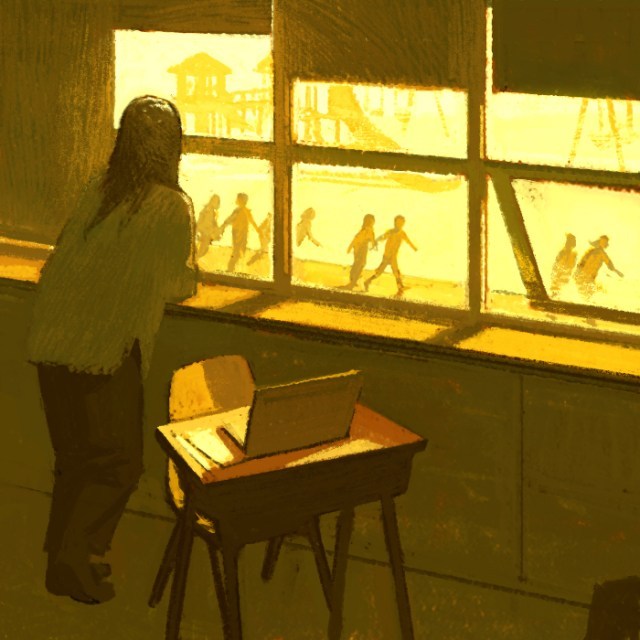 An illustration of a teacher standing by the window in their classroom watching students by the playground.