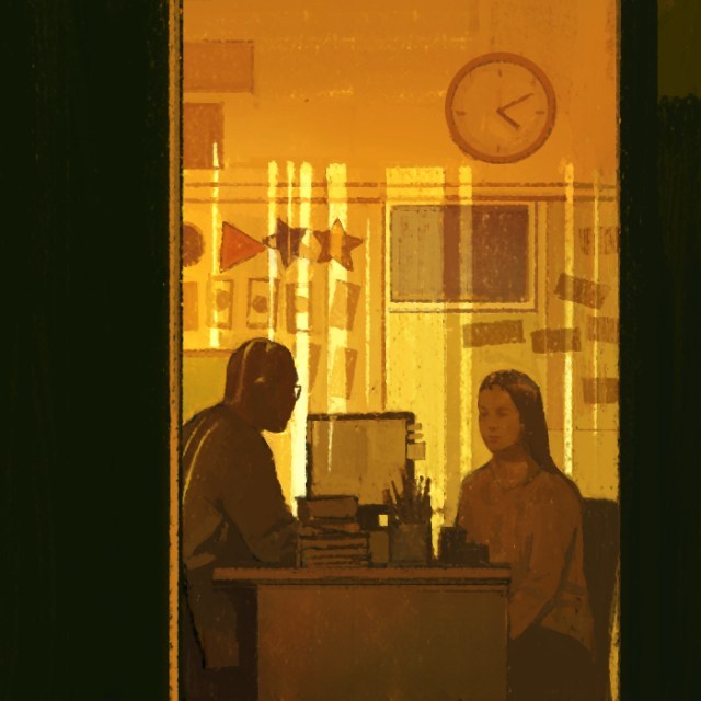 An illustration of a teacher speaking with a parent in the classroom.