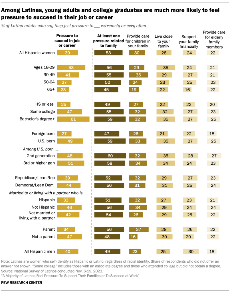 Among Latinas, young adults and college graduates are much more likely to feel pressure to succeed in their job or career