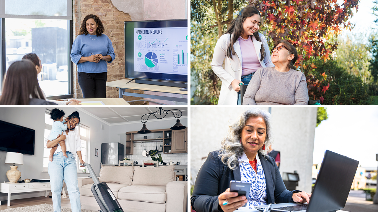 A composite image of Latinas in various home and work settings. 