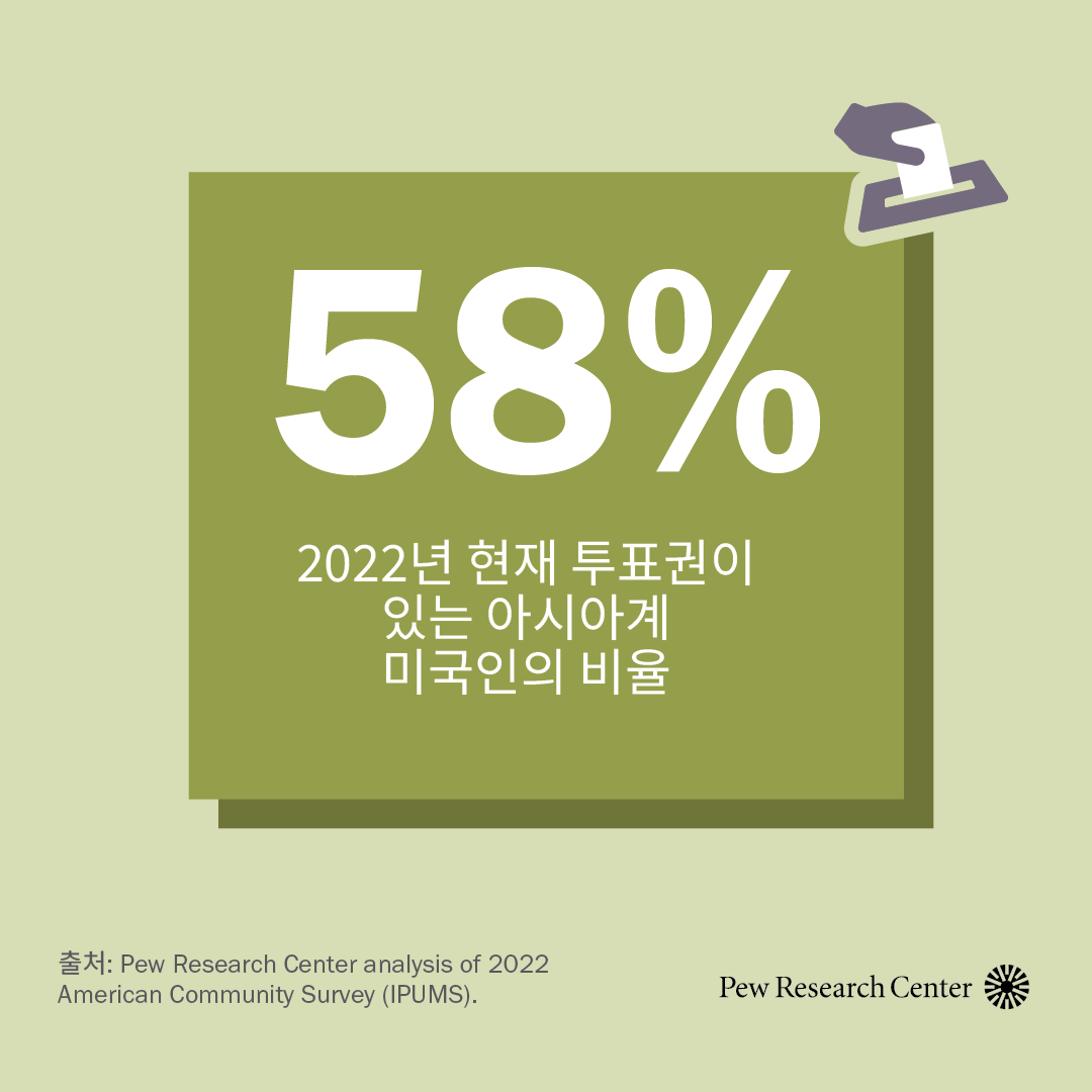 아시아계 미국인 58%에게 투표권이 있음을 보여주는 일러스트레이션.