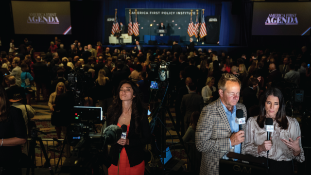 Members of conservative media outlets film coverage of a Washington, D.C., policy summit on July 26, 2022. (Kent Nishimura/Los Angeles Times via Getty Images)