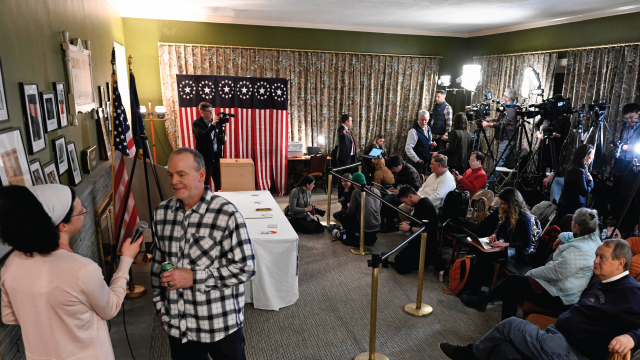 Journalists await the "first-in-the-nation" midnight vote for New Hampshire's 2024 primary at The Balsams Resort in Dixville Notch on Jan. 22, 2024. (Sebastien St-Jean/AFP via Getty Images)