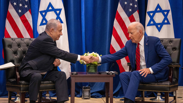 U.S. President Joe Biden and Israeli Prime Minister Benjamin Netanyahu shake hands during a meeting at the 78th United Nations General Assembly in New York City on Sept. 20, 2023. (Jim Watson/AFP via Getty Images)