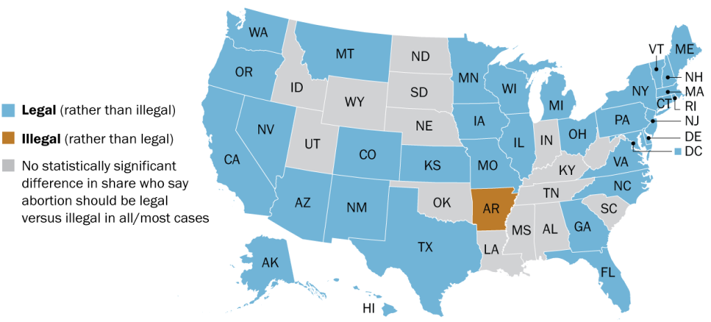 Balance of opinion on abortion, by state