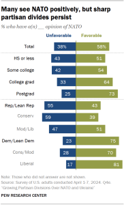 A bar chart showing that Many see NATO positively, but sharp partisan divides persist