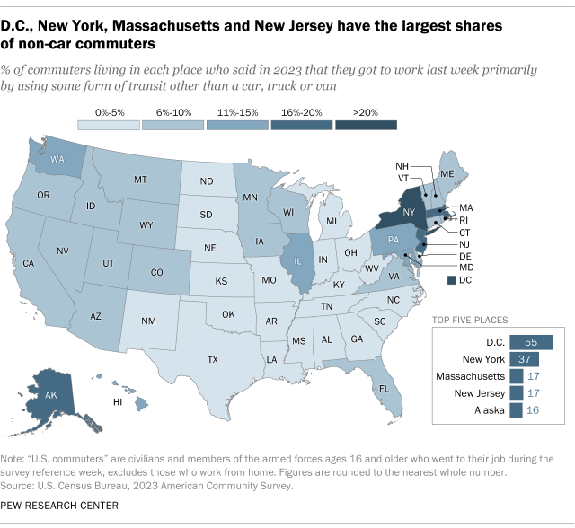 A map of the U.S. showing that driving is by far the most common form of transportation for U.S. workers.